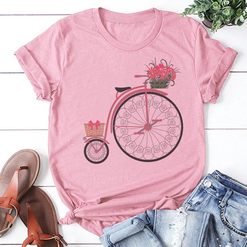 Pink T Shirt Women Beautiful Scenery Bicycle Vogue Casual Tshirt Harajuku Korean Style Graphic Tops Kawaii Short Sleeve T-shirt