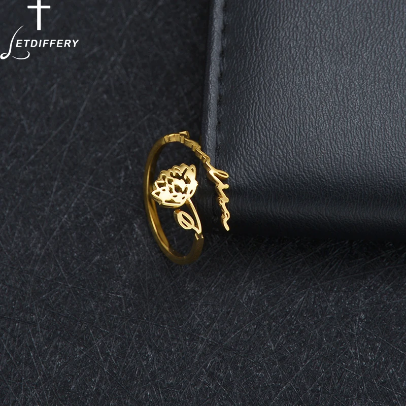 

Letdiffery 2022 New Personlized Flowers Name Rings for Women Stainless Steel Custom Adjustable Jewelry Femme Birthday Gifts Girl