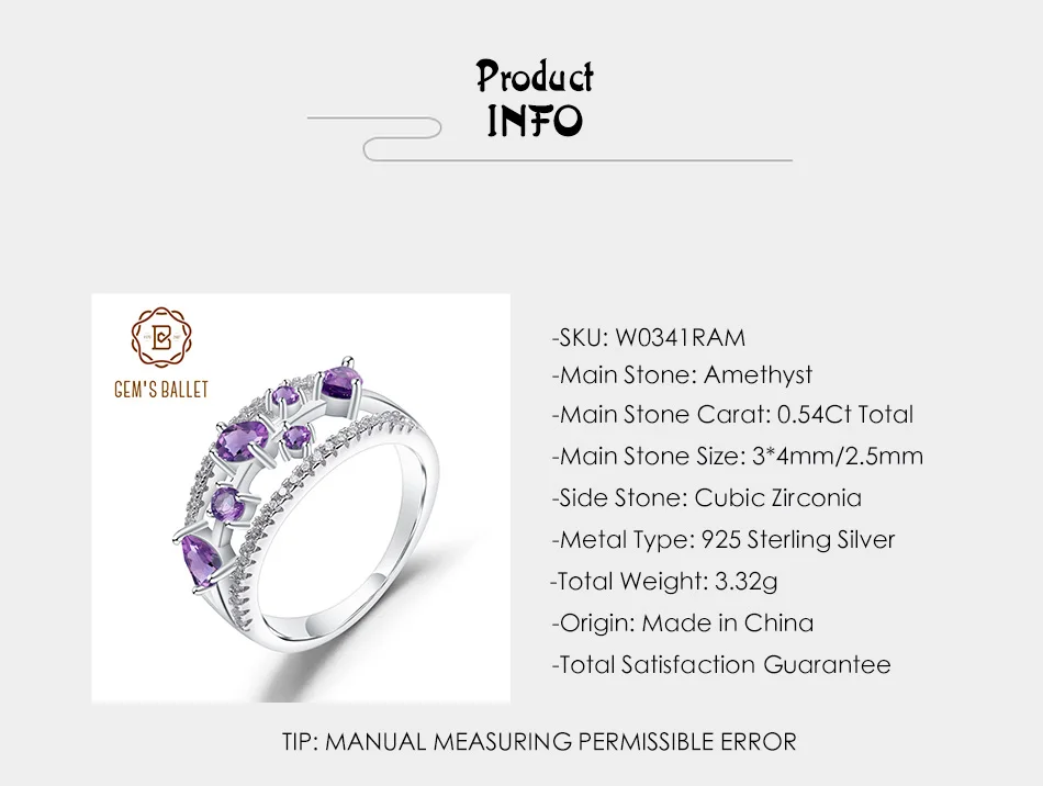 GEM'S балетные 925 пробы серебро 0.54Ct натуральный аметистовый драгоченный камень кольцо Романтический камень для женщин Свадебные ювелирные изделия