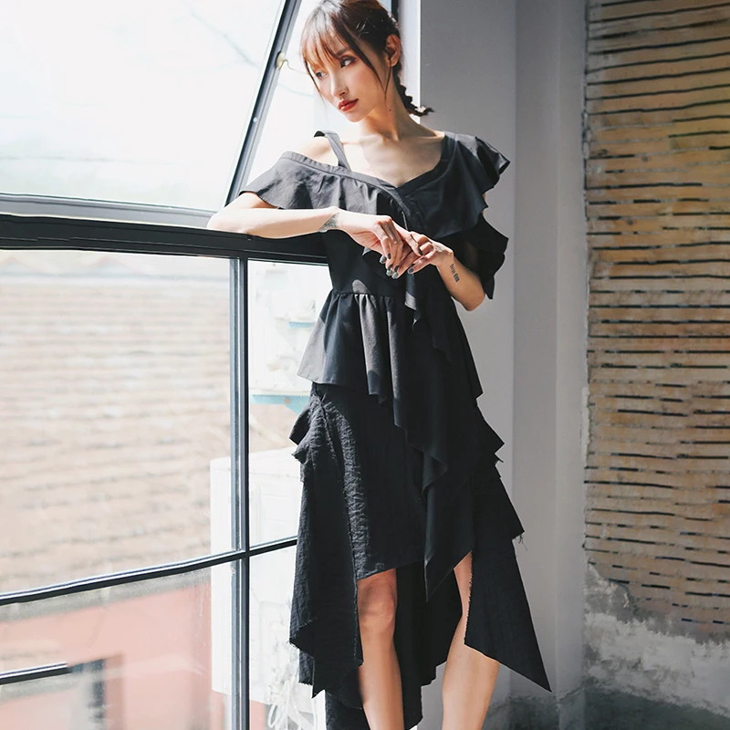 

Korea 2020 New Spring Summer V-Neck Short Sleeve Off Shoulder Ruffles Split Joint Loose Irregular T-shirt Women Fashion JW797
