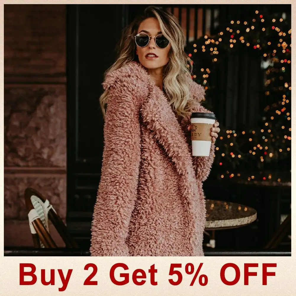 Женское зимнее пальто размера плюс с искусственным мехом, куртка-бомбер, Тренч, шерстяное плюшевое пальто, розовое пальто с длинным рукавом, винтажная верхняя одежда Mujer