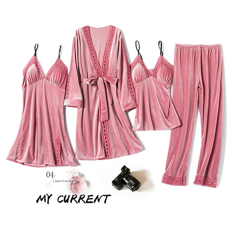 Велюровые пижамные комплекты для женщин, зимний пижамный комплект для женщин, 4 штуки, полный рукав, штаны, сексуальные кружевные одноцветные, размера плюс - Цвет: CAVME 2 Pink