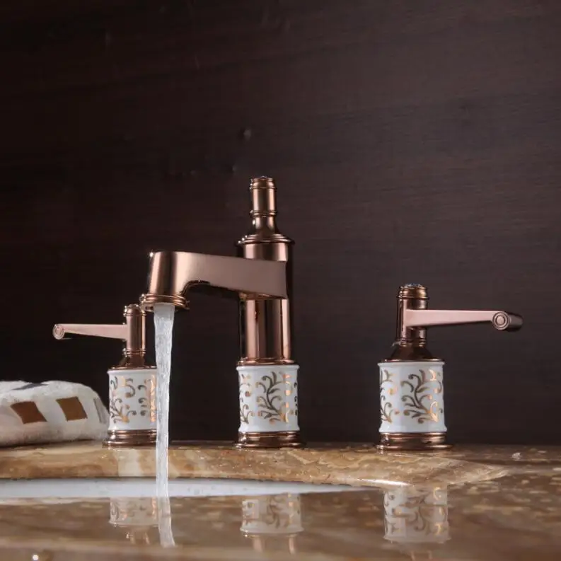 

Authentic European classical imitation gold-plated ceramic basin taps double the three-hole split marble basin-wide copper