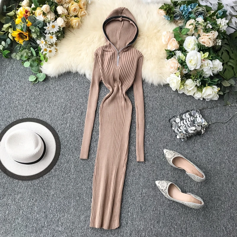 Хаки ALPHALMODA платья для французских миноритарных осень зима дизайн с капюшоном на молнии чистый цвет пуловер облегающее шикарное вязаное платье-туника - Цвет: Хаки
