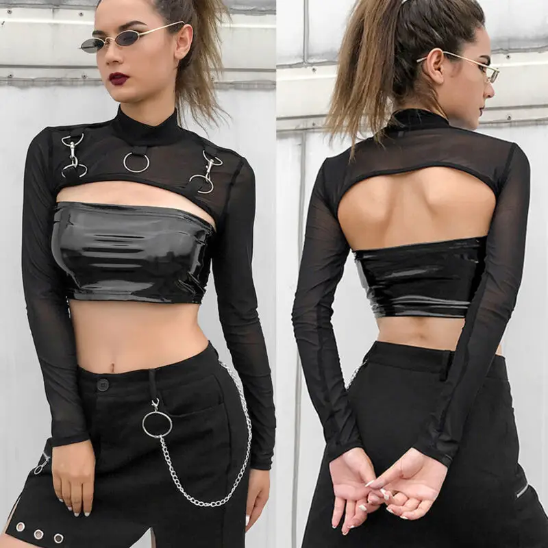 Fashion Women Mesh Long Sleeve O Neck Crop Tops Bikini Cover Up