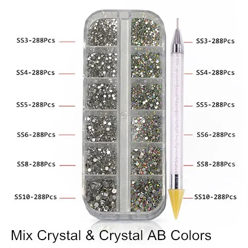 Mix Crystal ab Clear Смешанные размеры коробка стекло круглый дизайн ногтей стразы не горячей фиксации клей для страз на ремесла аксессуары B3645 - Цвет: Mix Crystal ab Clear