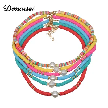

Donarsei Bohemian 6mm Colorful Soft Pottery Choker Necklace For Women Summer Beach Imitation Pearls Clavicle Chain Boho Jewelry