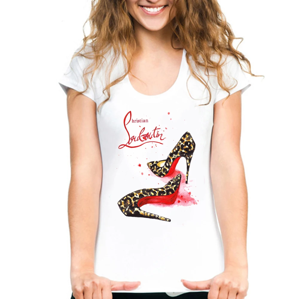 Women Summer Shirt Sexy Lady Shoes Perfumer Floral Holiday Casual T-shirt Tops Tee Gift for Girls High Heel T Shirt