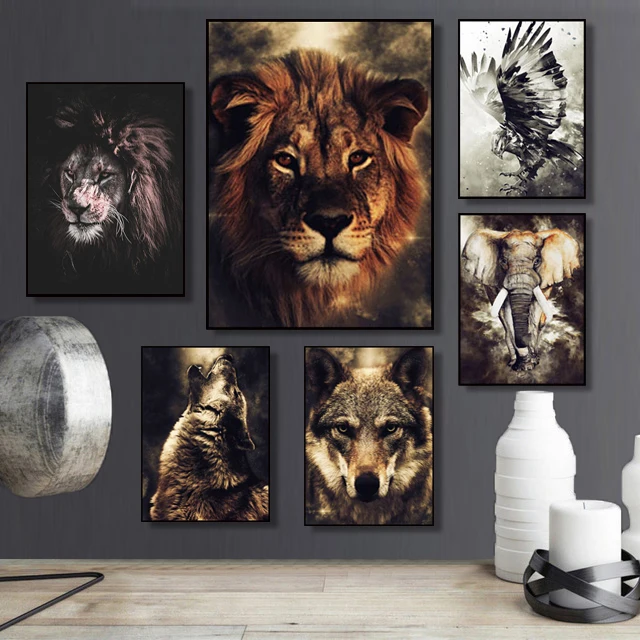 

Watercolor Wolf Lion Eagle Elephant Wall Art Nordic Posters and Prints Canvas Painting Wall Pictures for Living Room Home Decor