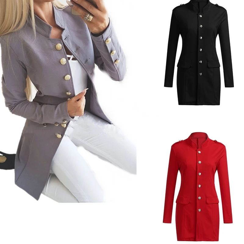 Ladies Blazer Long Sleeve Button Casual Long Blazer Women Suit jacket Female Feminine Blazer Femme Grey Blue Red Black Blazer