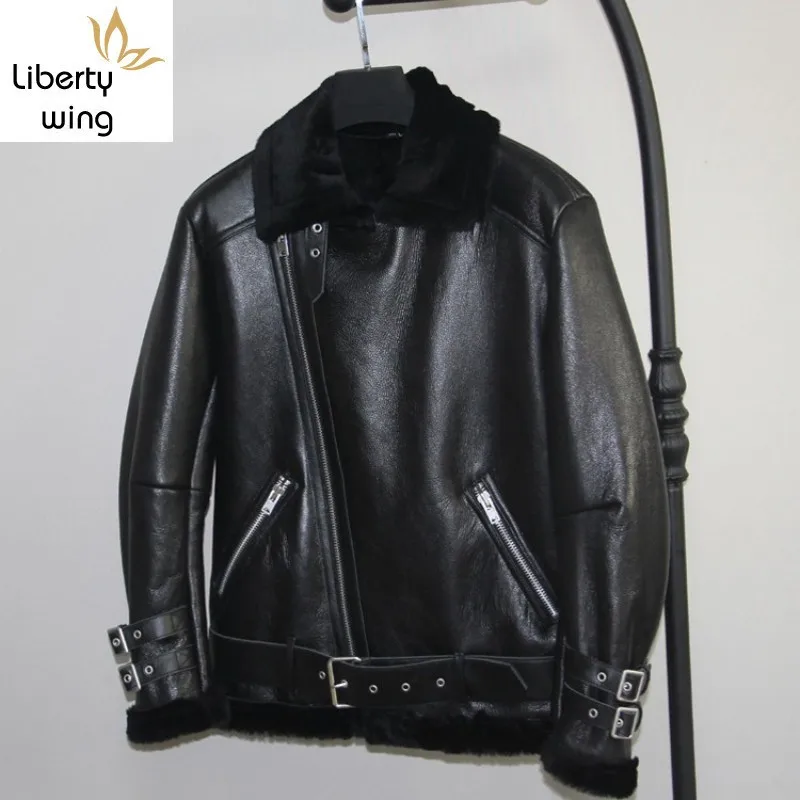 

Brand Shearling Genuine Leather Men High Quality Loose Thick Warm Outerwear Fashion Streetwear Biker Jacket Oversize 4XL