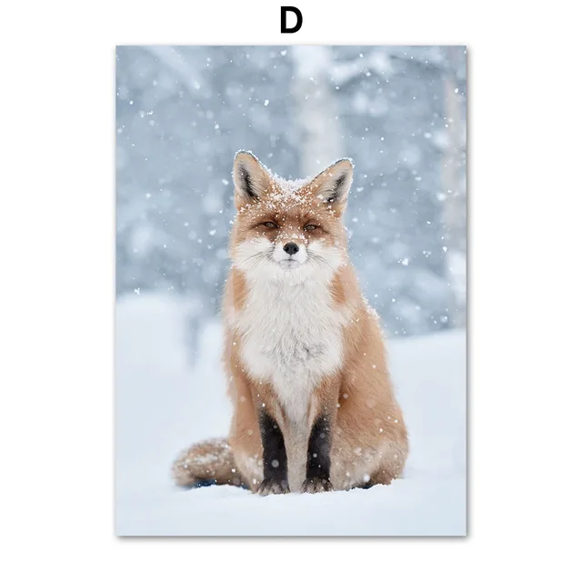 Winter Snow Mountain Forest Deer Fox Wall Art Canvas Painting Nordic Posters And Prints Wall Pictures For Home Living Room Decor D