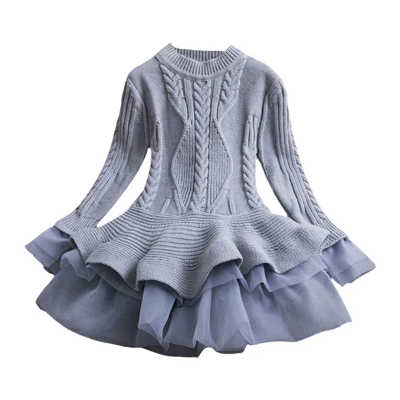 Новинка; зимнее вязаное шифоновое платье для девочек; Рождественская вечеринка; детская одежда с длинными рукавами; Детские платья принцессы для девочек; год - Цвет: Серый