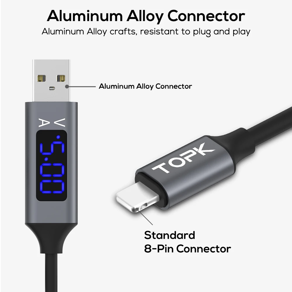 TOPK кабель для быстрой зарядки для iPhone, USB кабель для синхронизации данных с ЖК-дисплеем и напряжением тока для iPhone 11 Pro Max Xs Xr X 8 7 6s Plus