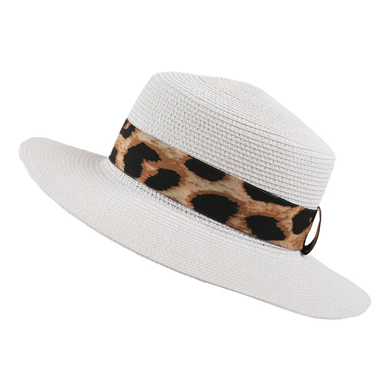 

Womens Wide Brim Sun Hat with Wind Lanyard UPF Leopard Strap Beach Summer Sun Straw Hats