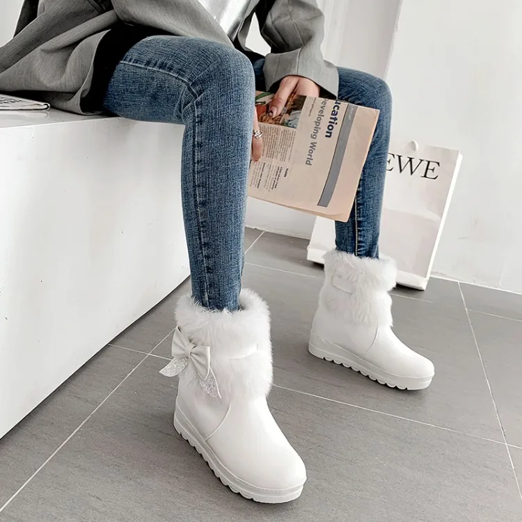 Женские ботинки зимние теплые ботильоны на среднем каблуке с круглым носком из кроличьей шерсти пикантные модные повседневные ботинки из искусственной кожи, увеличивающие рост