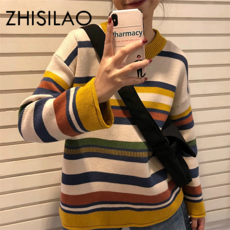 

Oversize Sweater Women Stripe Knit Pullover Sweater Mujer Pull Femme Hiver 2019 Long Sleeve Sueter Mujer Cashmere Sweater