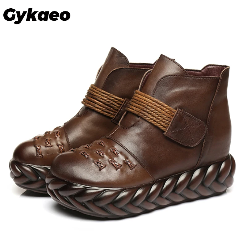 

Gykaeo 2019 Winter Warm Platform Boots Women Handmade Genuine Leather Ankle Boots Ladies Shoes Soft Retro Wedges Shoes for Women