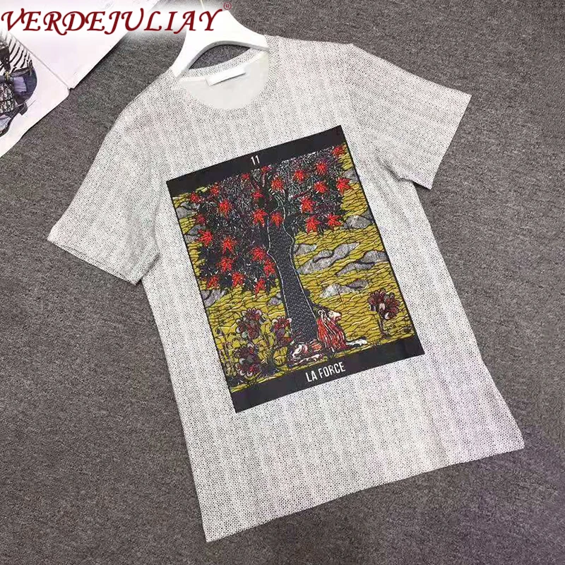 

VERDEJULIAY Runway Fashion 2020 Spring New Arrival High Quality 100% Cotton T-shirt Women Retro Romantic Fall Print Casual Tops
