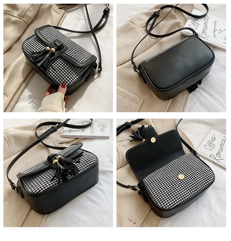 

2019 Autumn & Winter New Style WOMEN'S Bag Korean-style Square Sling Bag Thousands of Birds Shoulder Bag Tassels Decoration Car