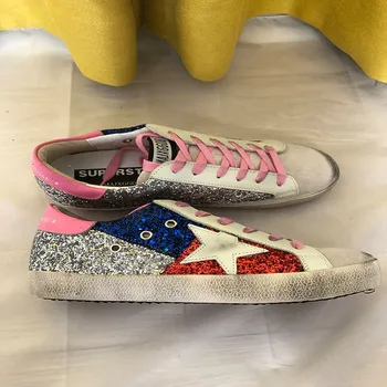 

In 2020 the new small white shoes dirty shoes new spring sequins splicing plus cowhide couples style tie-in small sneakers