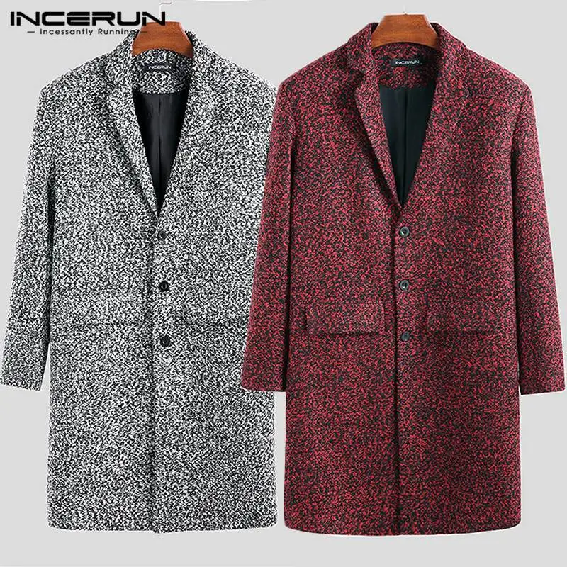 INCERUN Зимние Модные мужские пальто из искусственной шерсти Тренч однобортный длинный рукав приталенные куртки верхняя одежда уличная одежда