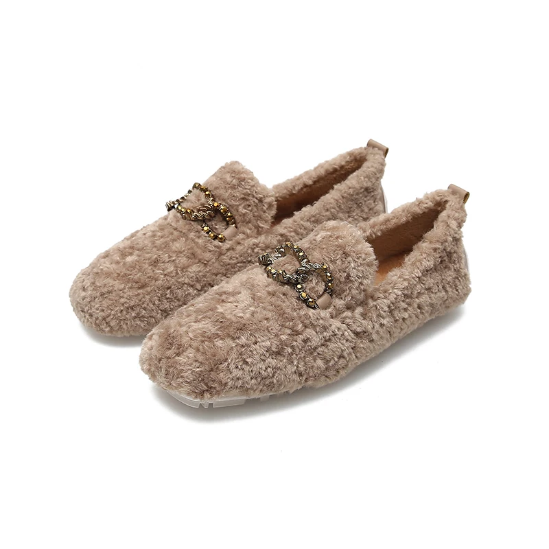 Зимние лоферы; женские мокасины из овечьей шерсти; теплые уличные балетки на плоской подошве с мехом; мягкая обувь для медсестры - Цвет: 999-8 khaki