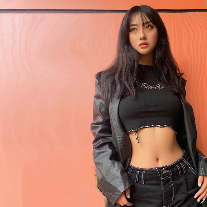 Dollskill, сексуальный летний белый укороченный топ, футболки, без рукавов, стразы, короткий топ-бюстье, Атласный топ, топы, женское нижнее белье - Цвет: Black longsleeve