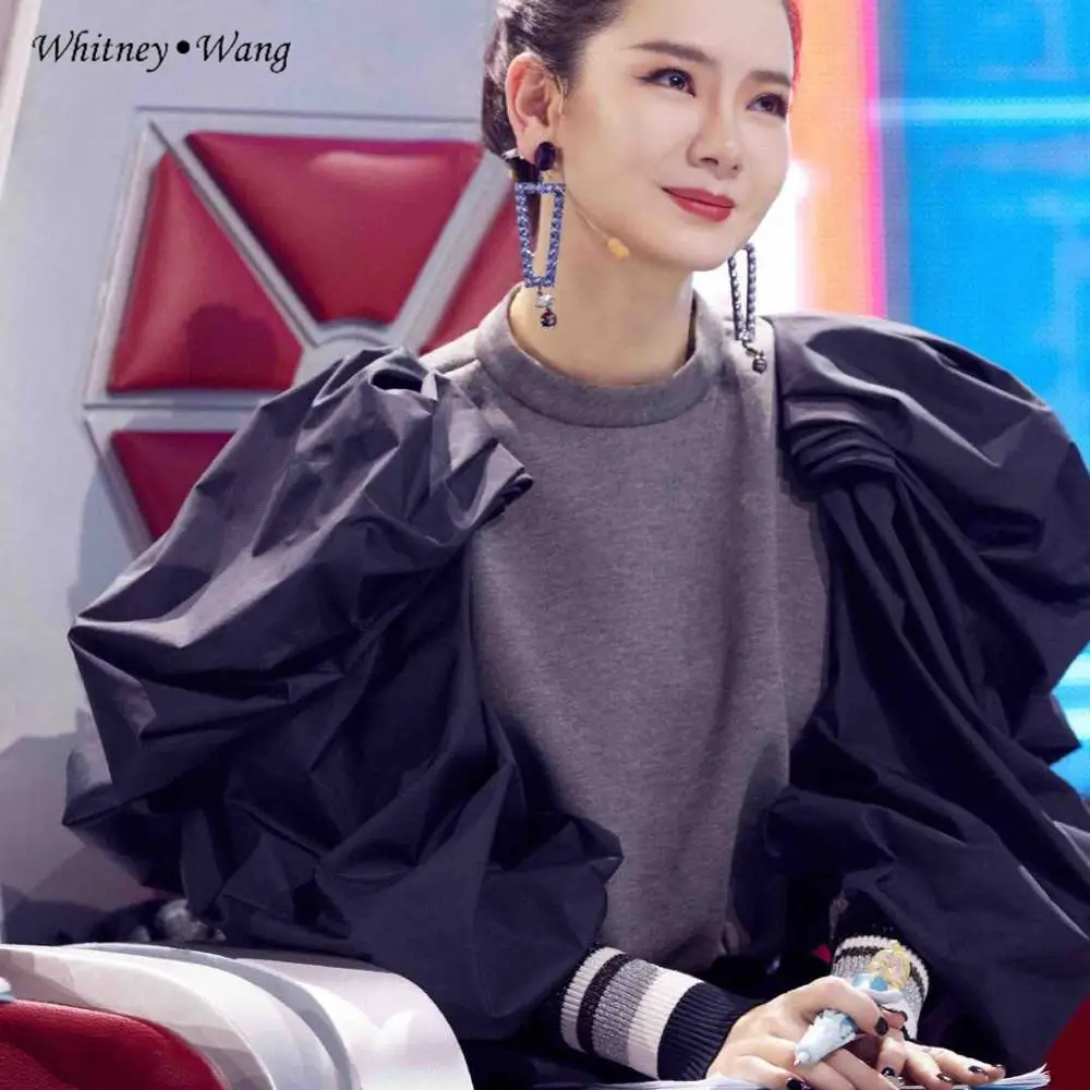 WHITNEY WANG осень зима модная уличная Лоскутная Толстовка с пышными рукавами женские толстовки пуловер