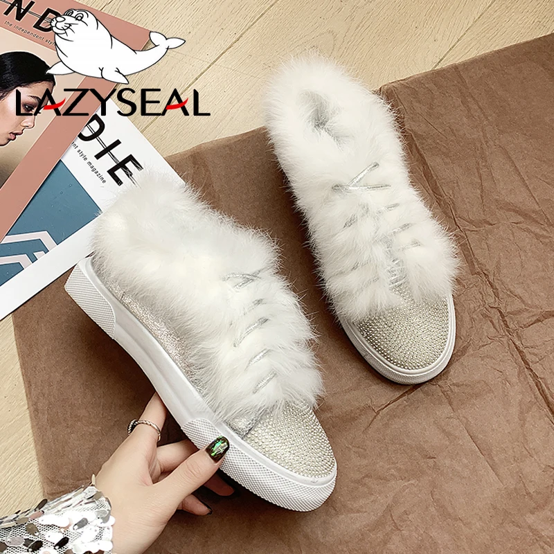 LazySeal-зимняя обувь с украшением в виде кристаллов женские лоферы на плоской подошве с натуральным мехом женские туфли без задника на шнуровке с круглым носком - Цвет: White-With heel
