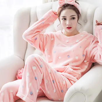 

Autumn Winter Long Sleeve Flannel Sweet Pajama Set Lovely Pajama Corduroy Thermal plus-size Family Wear Suit