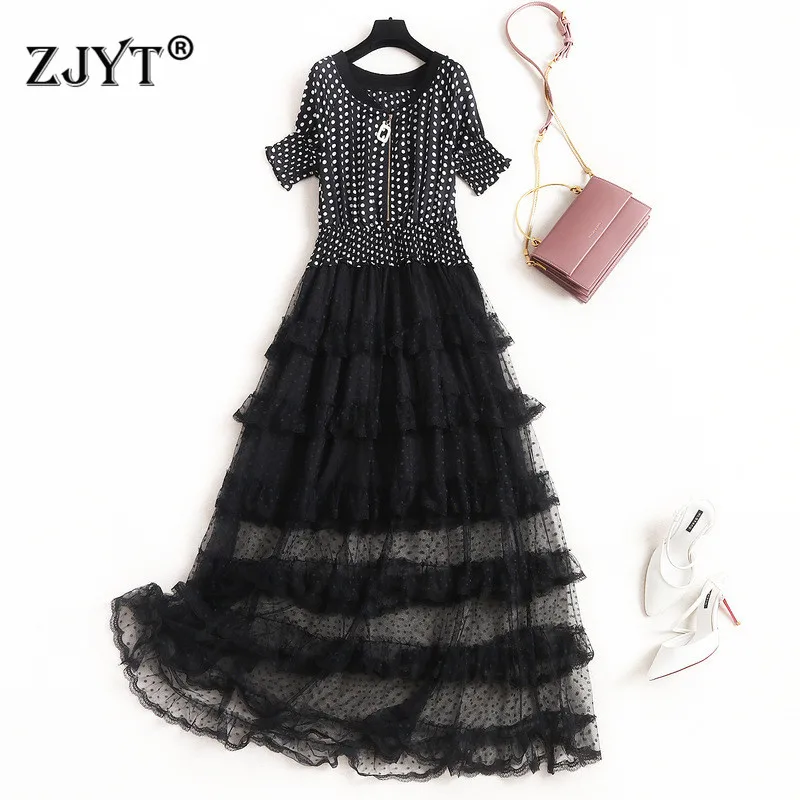 

Women Dresses Summer 2020 Runway Designers Short Sleeve Polka Dot Print Patchwork Mid Calf Sexy Ruffles Layered Tulle Dresses
