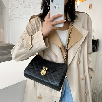 

Solid PU Crossbody Bag Personality Classic Crossbody Vintage Casual Women Lattice Pattern Bag Chain Satchel Shoulder Pouch