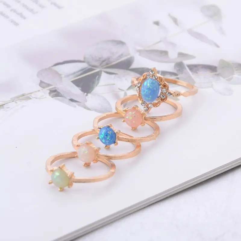 

5Pcs Created Opals Women Bohemian Crystal Opal Joint Rings Set Fashion Jewelry