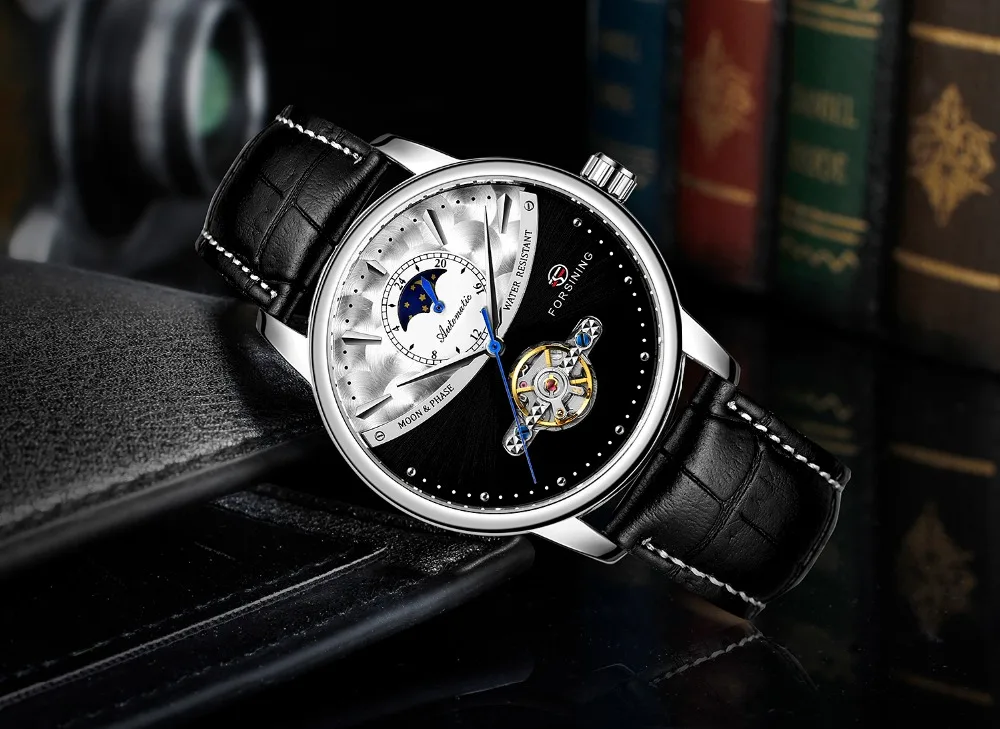 FORSINING новейшие Moon Phase Tourbillion автоматические мужские часы jam tangan reloj de pulsera водостойкие часы