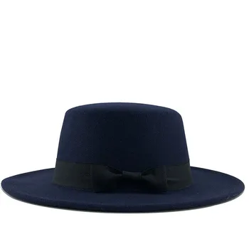 

2020 New Solid Color Flat-topped Gentleman Hat With Bow Fedora Men Wool Wide Brim Top Hat Bowler Ladies women's Jazz Hats