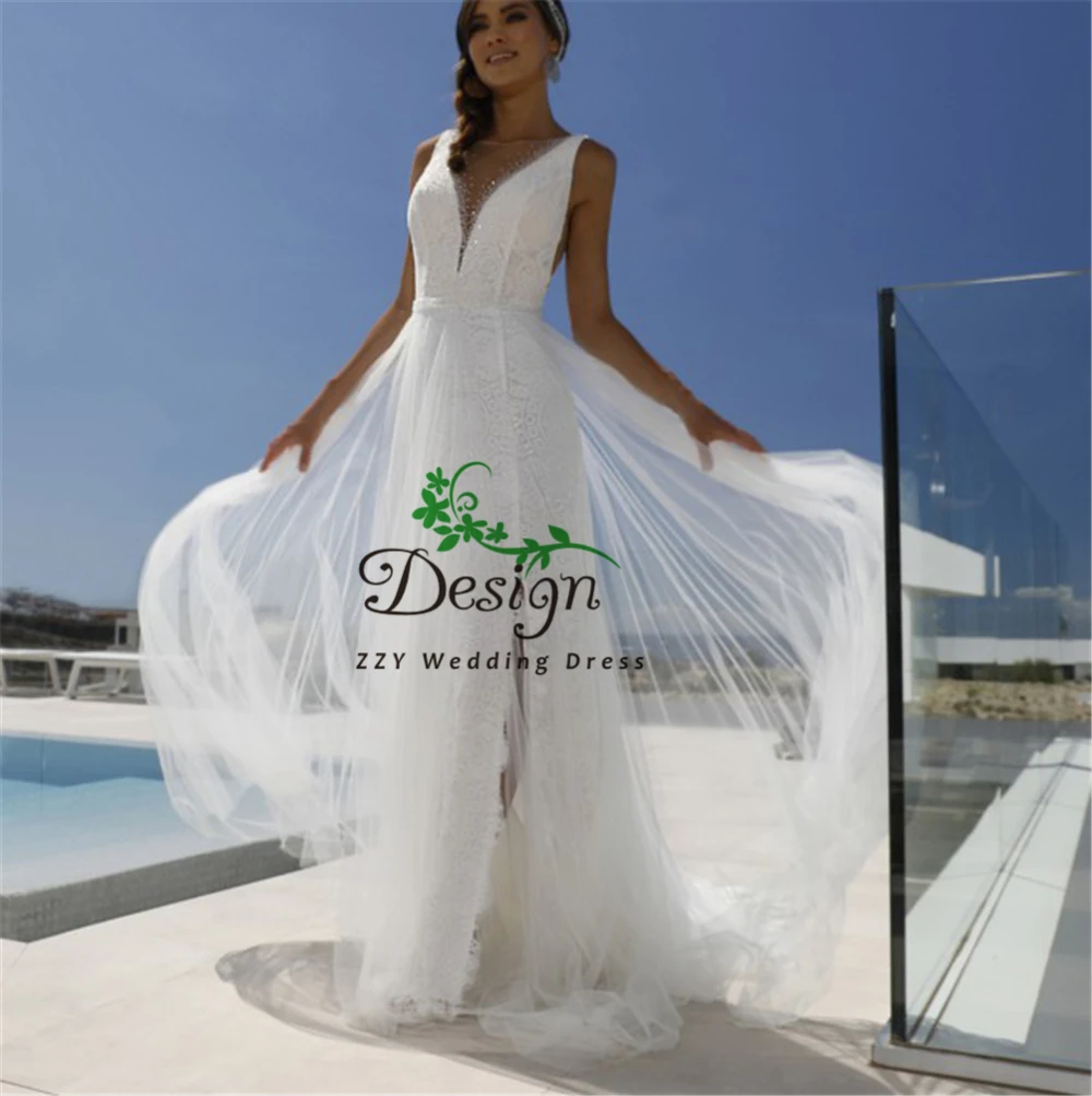 

Bride Dresses White Scoop Tulle Court Train Tulle And Lace Beading Natural Waisted Front Splited Beach Wedding Dresses