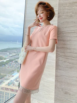 

Elegant Lady Style Pearl Bow round Neck Stitching Tassel Hem Dress Female 2020 Early Autumn New