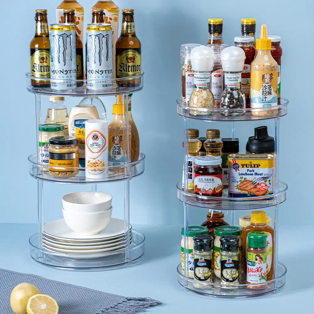 360 Rotation Cabinet Organizer Storage Spice Drink Cosmetic Storage Rack PET Transparent Turntable For Kitchen Bathroom Room