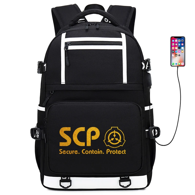 

SCP Foundation Gold Print Travel Bagpack Oxford School Bags for Teenage Girls Women Scp Bookbag USB Charging Laptop Backpack