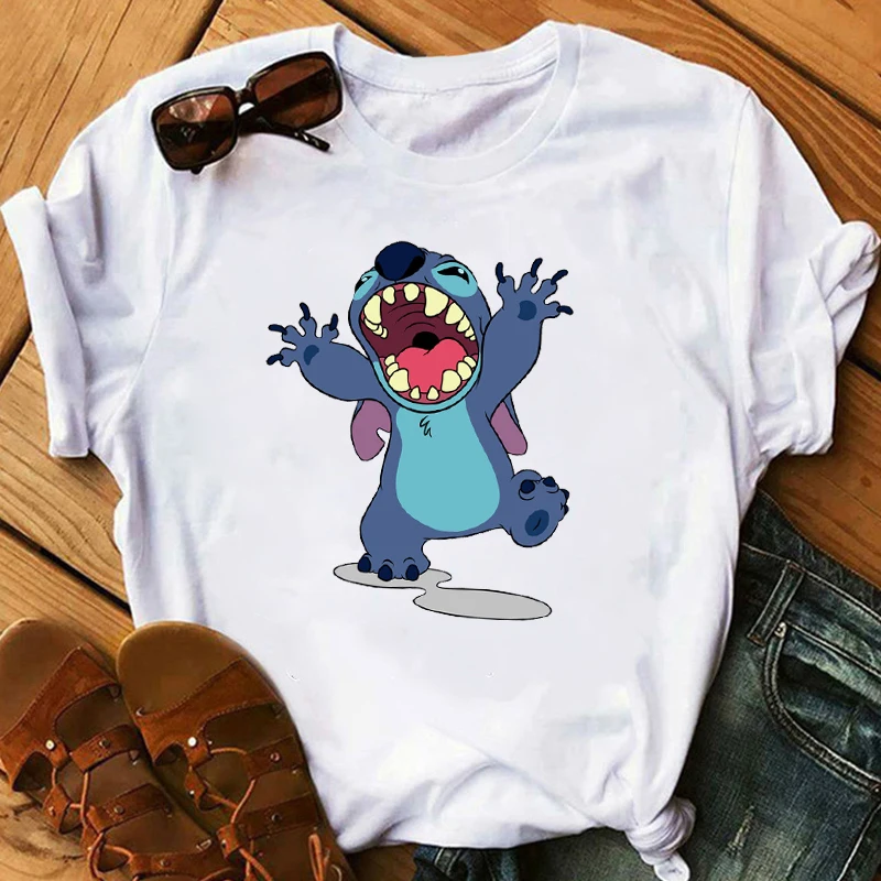 

Graphic Fashion Women Cartoon T-Shirt Big Mouth Happy Cute Lilo Stitch Tshirts Female Print Casual T Shirt Casual Tops T-shirt