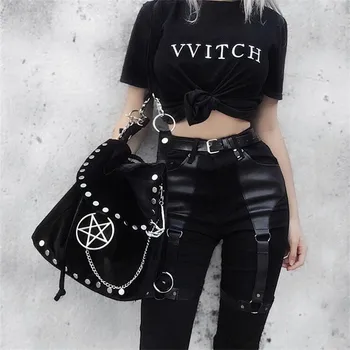 

83289 Summer Chic Casual Tight Little Black Pants Women's Street Handsome Dark Show Thin Mid Waist Corset Overalls