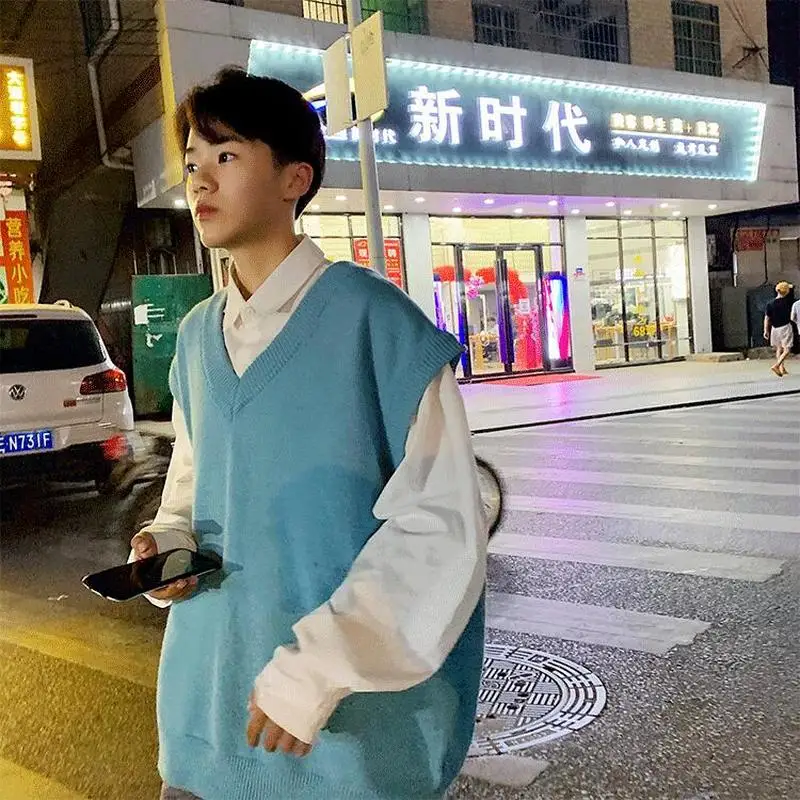 Men Sweater Vest Solid Simple Design V-Neck Knitted Males Leisure Chic Loose Trendy Street Outwear Student Couple Retro Harajuku