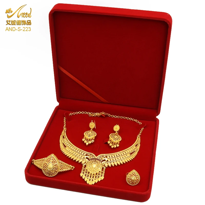 Indian Jewelry Set Wedding 24k Gold Color African Jewelry Dubai Bridal Sets Nigerian Necklace Bracelet Earring Gold Jewellery