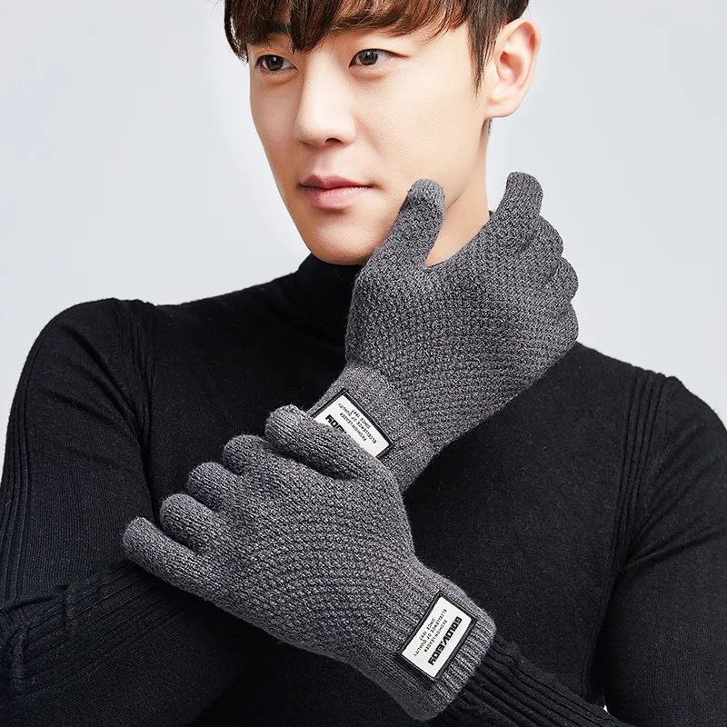 Перчатки для сенсорного экрана зимние мужские и женские вязаные шерстяные плюс бархатные теплые для вождения на открытом воздухе деловые Простые перчатки для бега - Color: gray