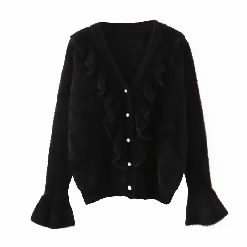 casual black woman water velvet sweater 2019 spring-autumn new fashion v-neck ladies solid Cardigan sweet flare sleeve coat |