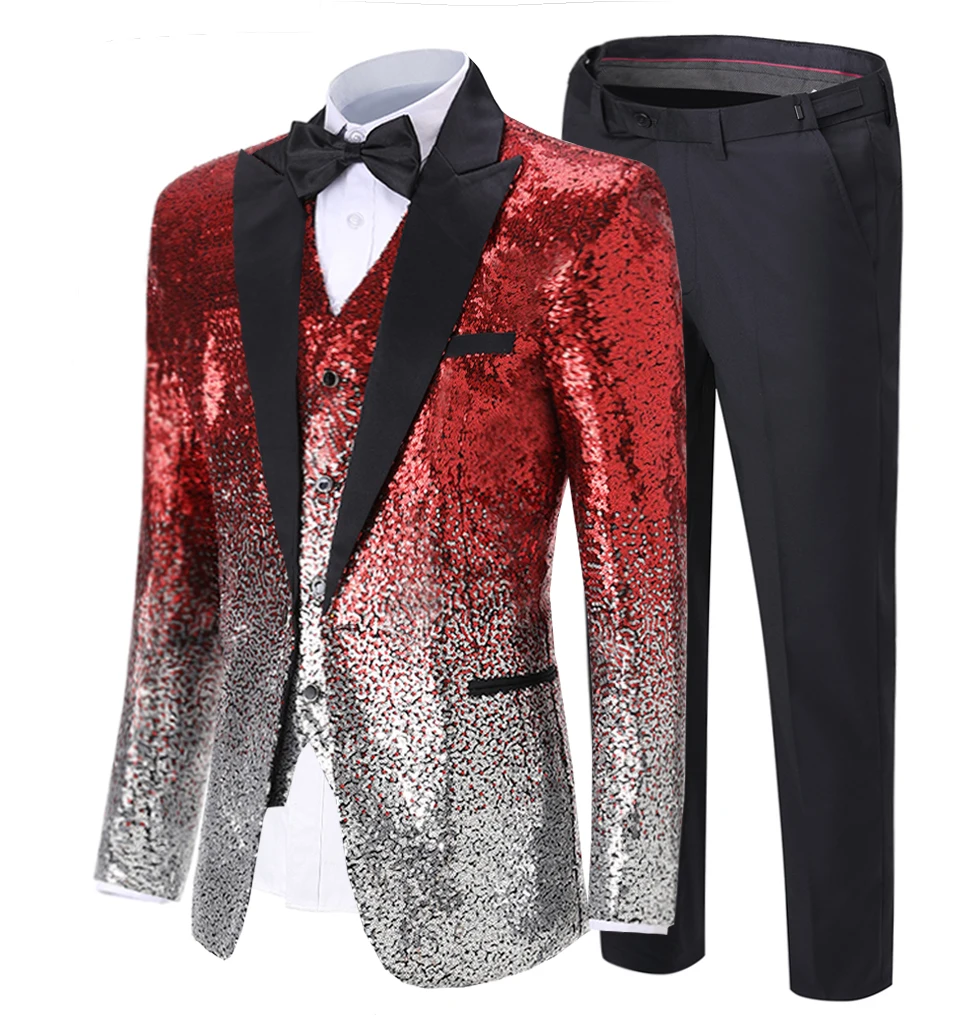 Royal Blue Men's Suit Gradually Changing Color Sequin Blazer Peak Notch Lapel Tuxedo For Wedding Party Groom (Blazer+Vest+pants) Royal Blue Men's Suit Gradually Changing Color Sequin Blazer Peak Notch Lapel Tuxedo For Wedding Party Groom (Blazer+Vest+pants)