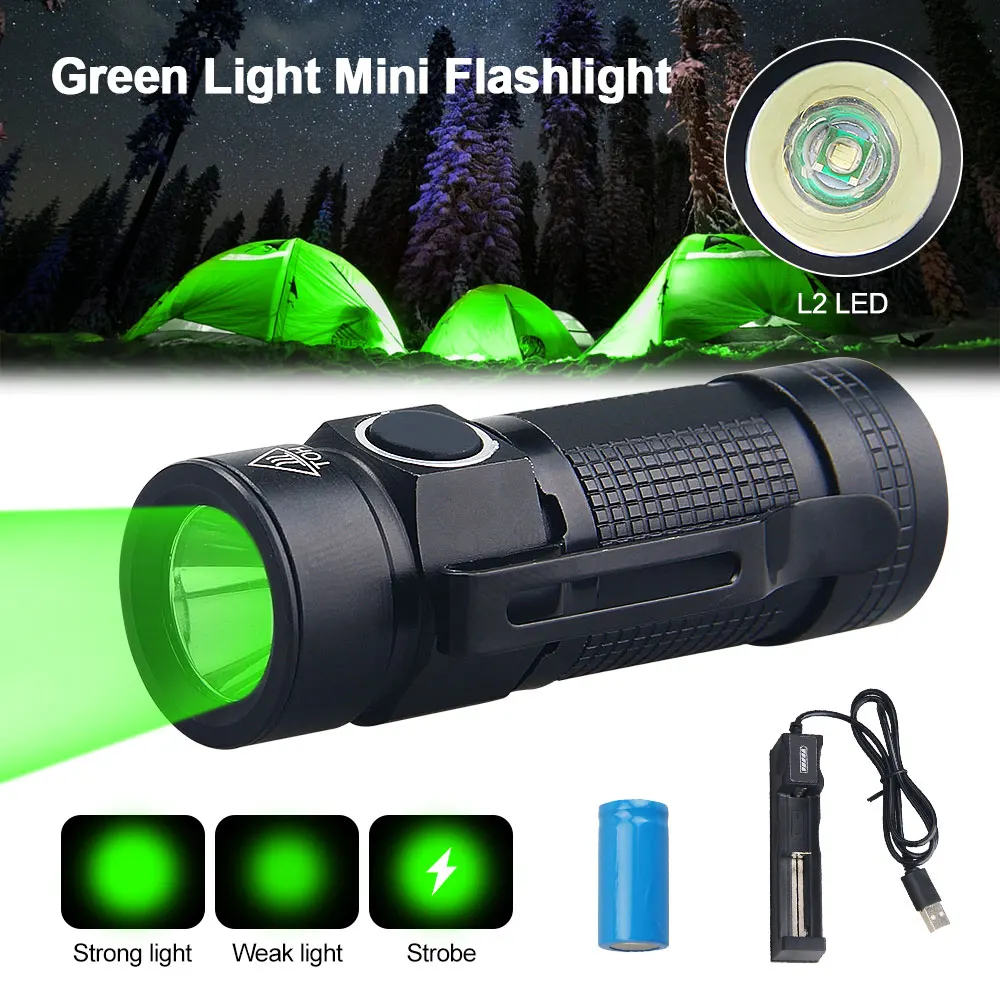 Green Light Mini LED Tatical Flashlight Portable Hiking Tiny 3Modes Torch Lantern with Cilp +16340+USB Charger+Protection Box