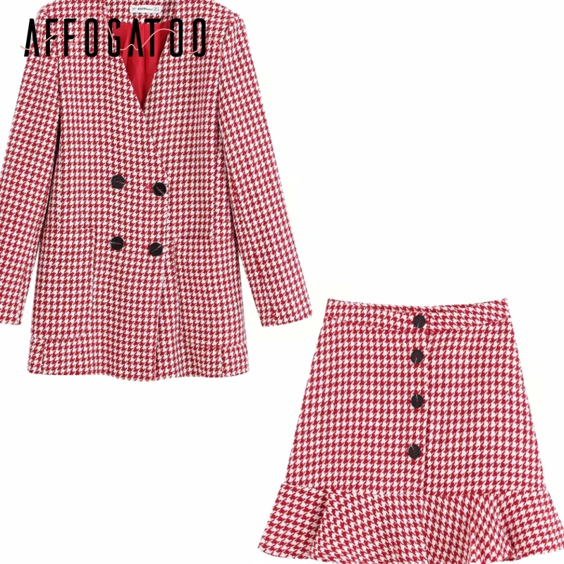 Affogatoo Casual streetwear two-pieces skirt suit women Elegant Double breasted plaid female suit sets office ladies blazer suit