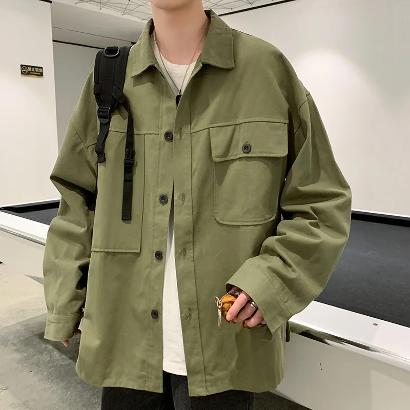 

Spring Cotton Jacket Men's Fashion Solid Color Pocket Tooling Jackets Mens Streetwear Wild Loose Hip Hop Bomber Jacket Men M-2XL